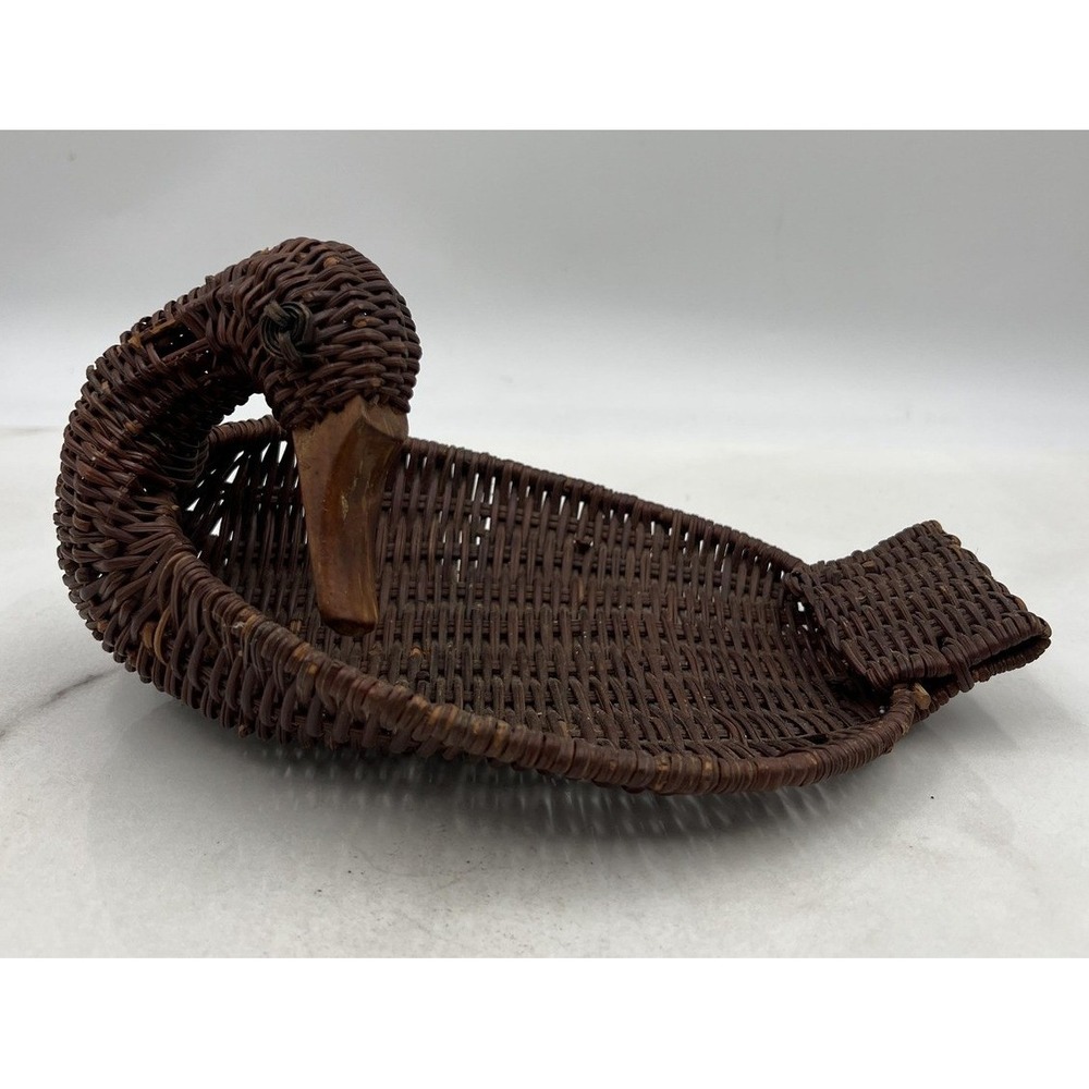 Vintage Wicker Duck Basket Hand Woven Rattan Figural Bird Tray Wood Beak Brown